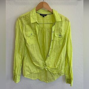 Express Lime Green Striped Button-Front Tie Shirt Size Large EUC